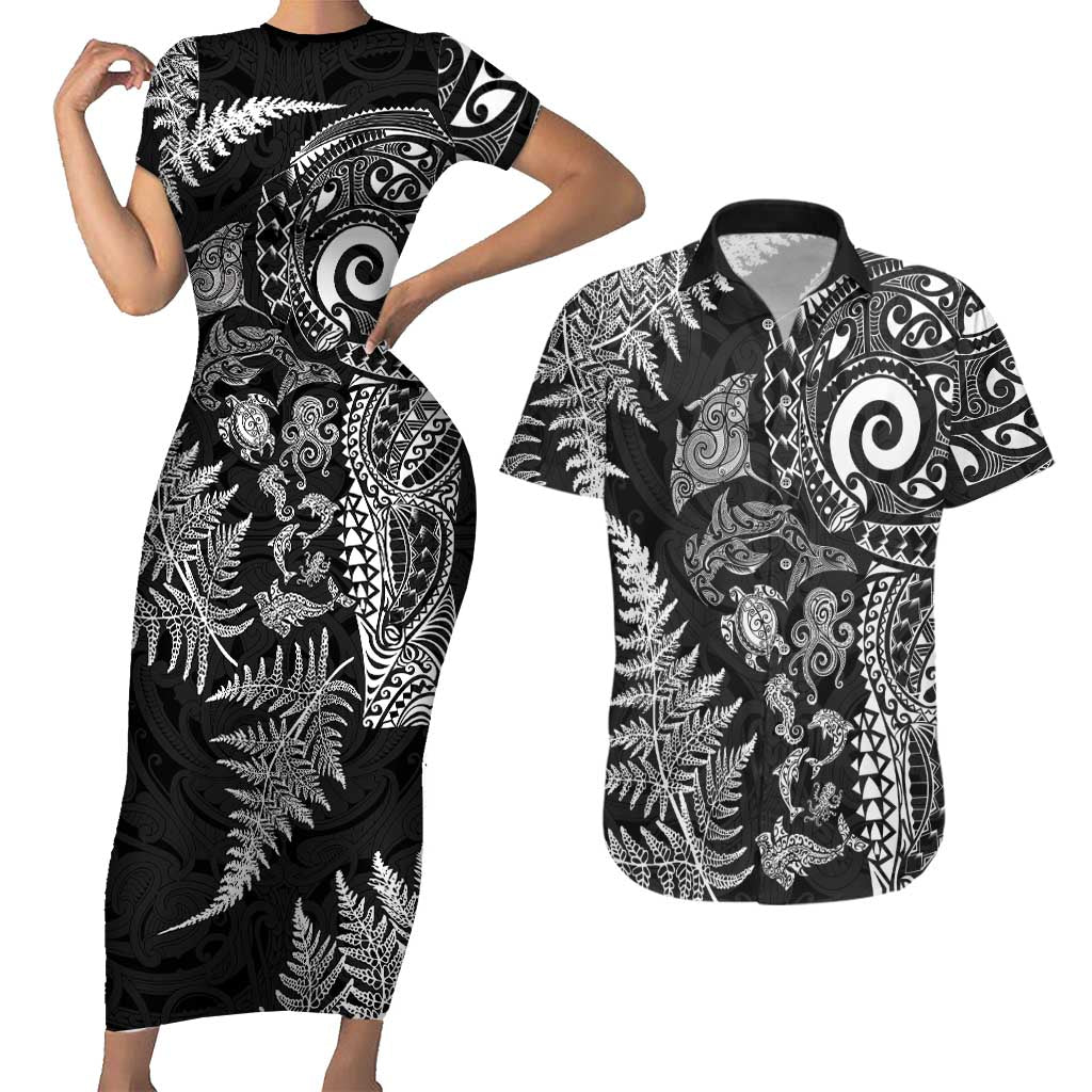 New Zealand Sea Animals Couples Matching Short Sleeve Bodycon Dress and Hawaiian Shirt with Maori Koru Tribal Tattoo and Silver Ferns Black Color LT03 Black - Polynesian Pride