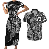 New Zealand Sea Animals Couples Matching Short Sleeve Bodycon Dress and Hawaiian Shirt with Maori Koru Tribal Tattoo and Silver Ferns Black Color LT03 Black - Polynesian Pride