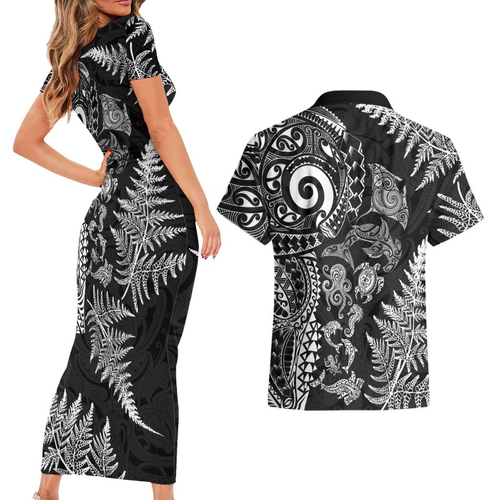 New Zealand Sea Animals Couples Matching Short Sleeve Bodycon Dress and Hawaiian Shirt with Maori Koru Tribal Tattoo and Silver Ferns Black Color LT03 - Polynesian Pride