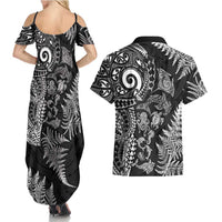 New Zealand Sea Animals Couples Matching Summer Maxi Dress and Hawaiian Shirt with Maori Koru Tribal Tattoo and Silver Ferns Black Color