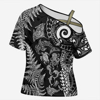 New Zealand Sea Animals Cross Shoulder Shirt with Maori Koru Tribal Tattoo and Silver Ferns Black Color