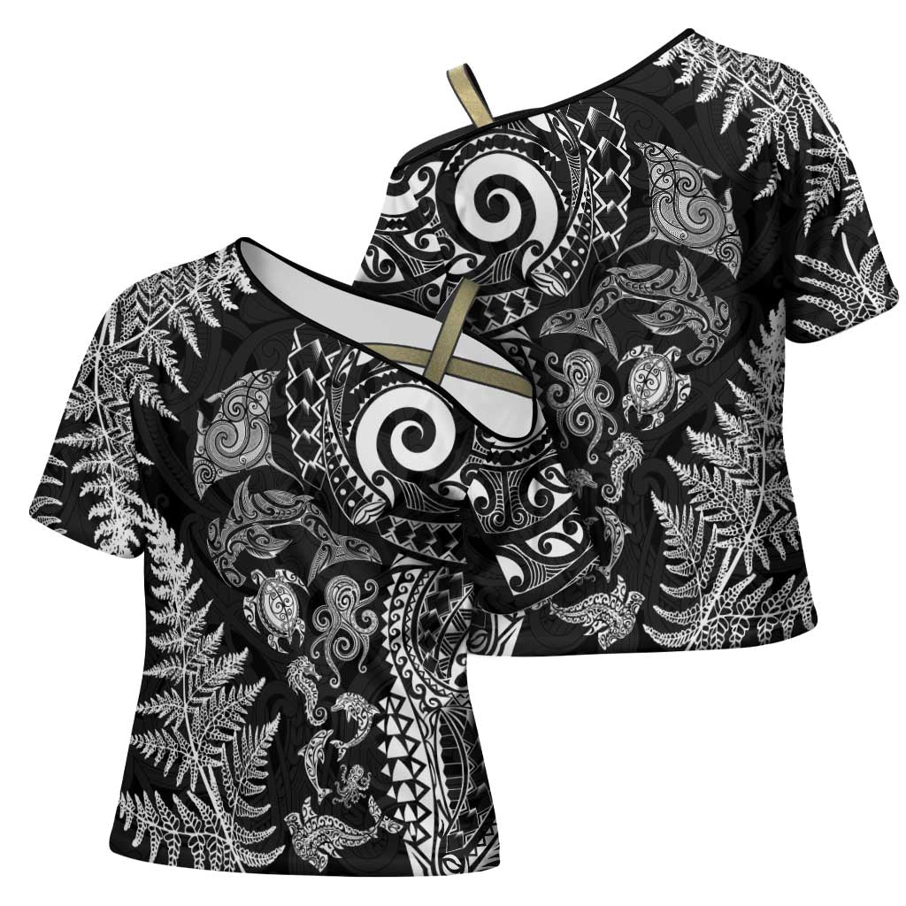 New Zealand Sea Animals Cross Shoulder Shirt with Maori Koru Tribal Tattoo and Silver Ferns Black Color