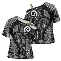 New Zealand Sea Animals Cross Shoulder Shirt with Maori Koru Tribal Tattoo and Silver Ferns Black Color