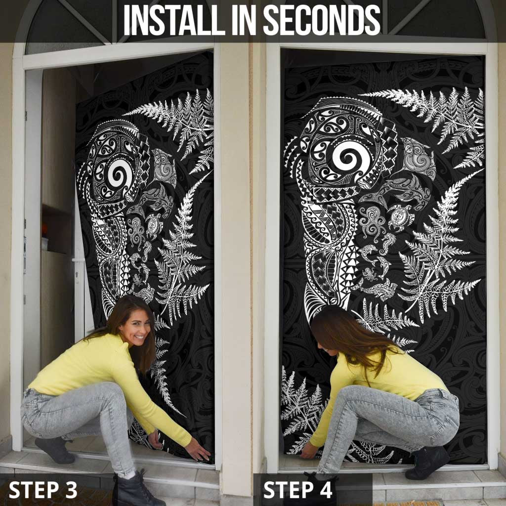 New Zealand Sea Animals Door Cover with Maori Koru Tribal Tattoo and Silver Ferns Black Color