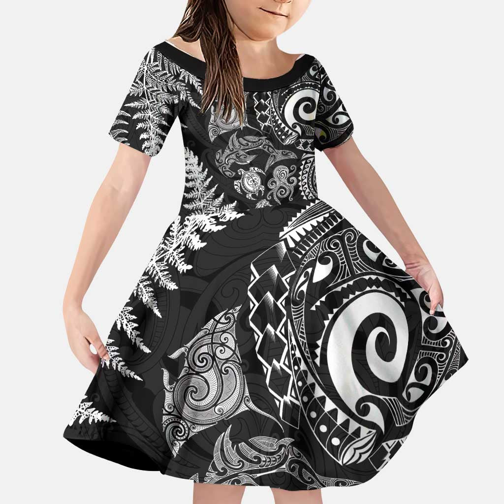 New Zealand Sea Animals Family Matching Long Sleeve Bodycon Dress and Hawaiian Shirt with Maori Koru Tribal Tattoo and Silver Ferns Black Color
