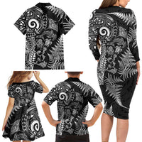 New Zealand Sea Animals Family Matching Long Sleeve Bodycon Dress and Hawaiian Shirt with Maori Koru Tribal Tattoo and Silver Ferns Black Color
