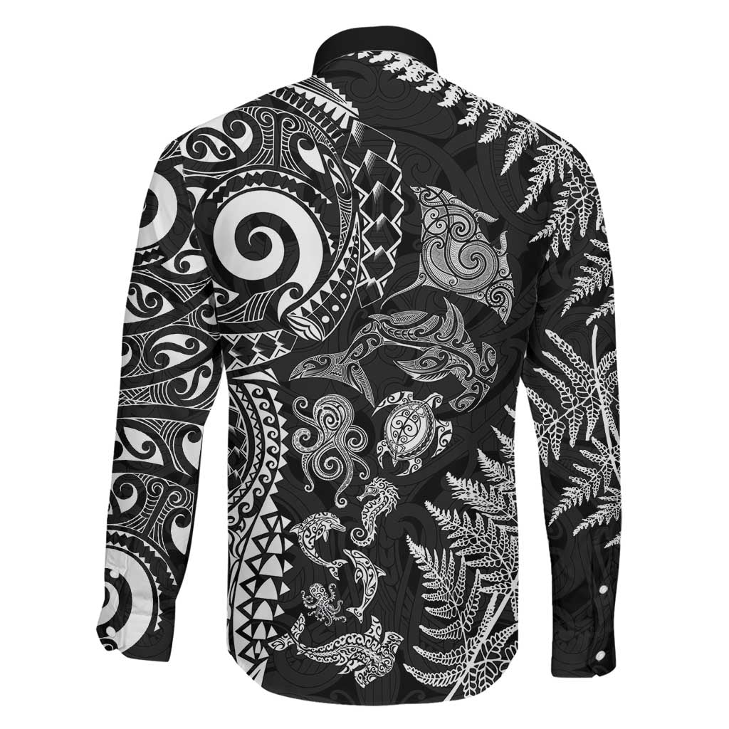 New Zealand Sea Animals Family Matching Long Sleeve Bodycon Dress and Hawaiian Shirt with Maori Koru Tribal Tattoo and Silver Ferns Black Color