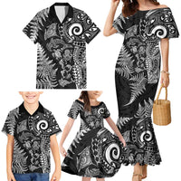 New Zealand Sea Animals Family Matching Mermaid Dress and Hawaiian Shirt with Maori Koru Tribal Tattoo and Silver Ferns Black Color