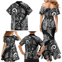 New Zealand Sea Animals Family Matching Mermaid Dress and Hawaiian Shirt with Maori Koru Tribal Tattoo and Silver Ferns Black Color