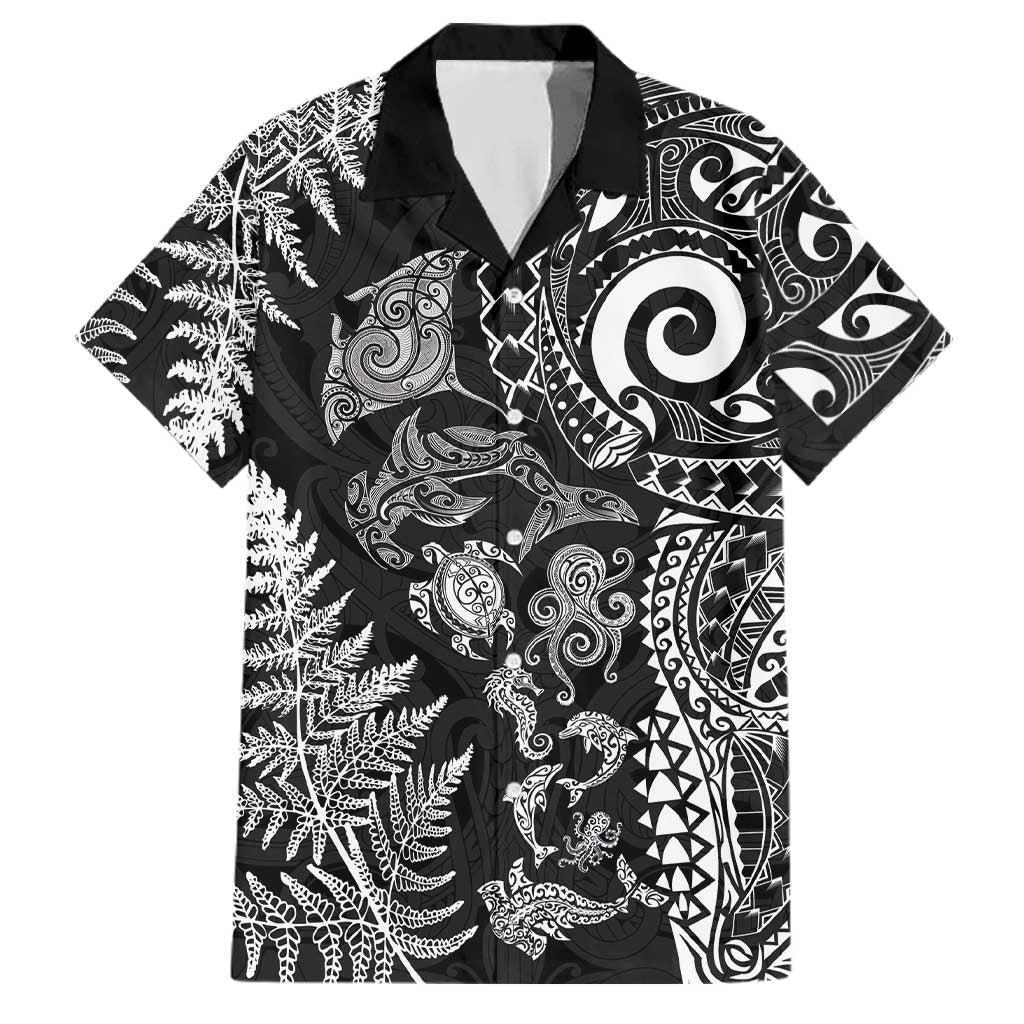 New Zealand Sea Animals Family Matching Mermaid Dress and Hawaiian Shirt with Maori Koru Tribal Tattoo and Silver Ferns Black Color