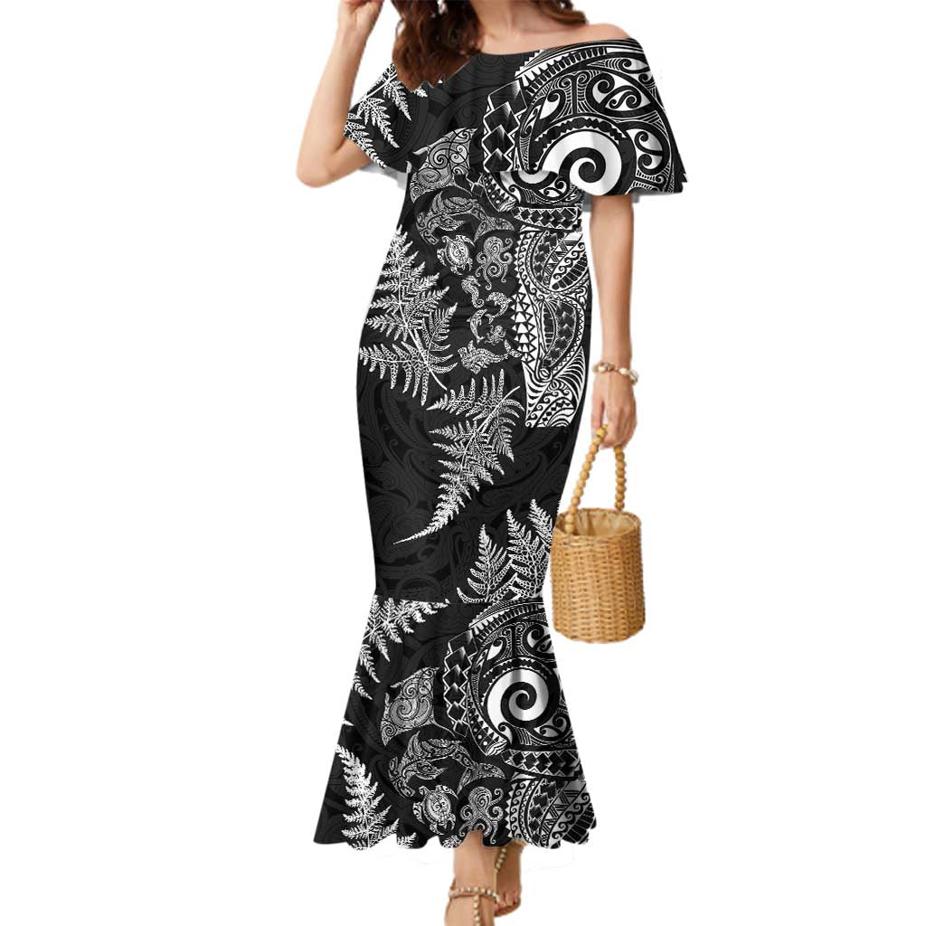 New Zealand Sea Animals Family Matching Mermaid Dress and Hawaiian Shirt with Maori Koru Tribal Tattoo and Silver Ferns Black Color