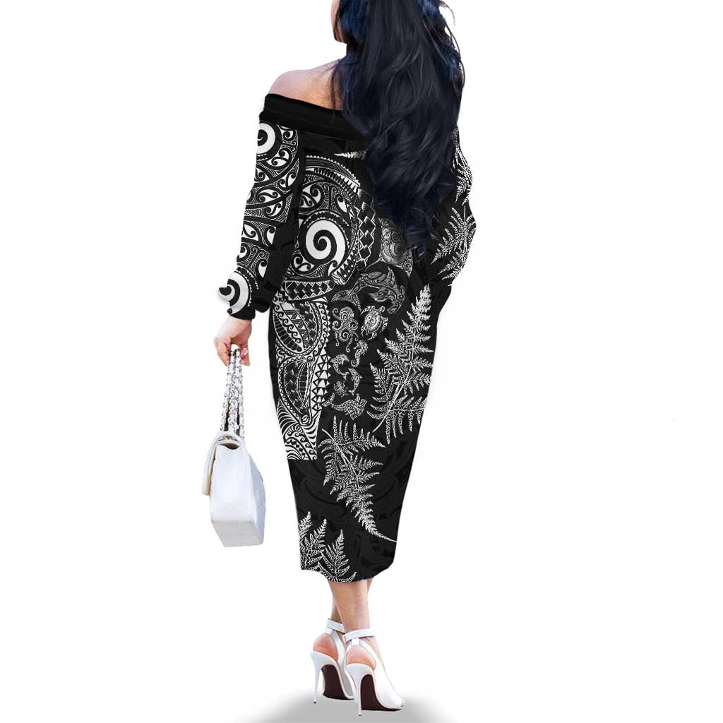 New Zealand Sea Animals Family Matching Off The Shoulder Long Sleeve Dress and Hawaiian Shirt with Maori Koru Tribal Tattoo and Silver Ferns Black Color