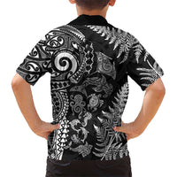 New Zealand Sea Animals Family Matching Off Shoulder Short Dress and Hawaiian Shirt with Maori Koru Tribal Tattoo and Silver Ferns Black Color