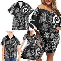 New Zealand Sea Animals Family Matching Off Shoulder Short Dress and Hawaiian Shirt with Maori Koru Tribal Tattoo and Silver Ferns Black Color