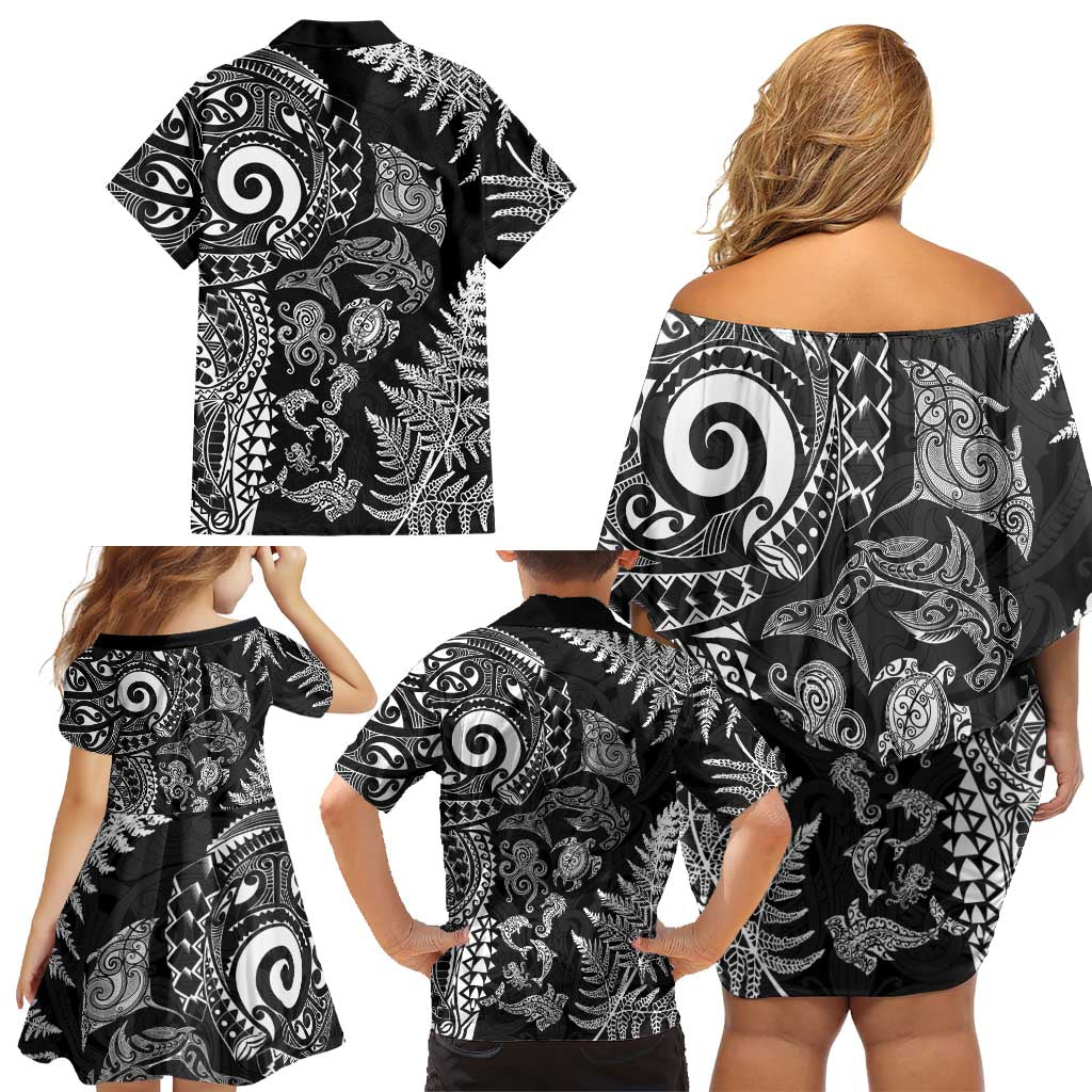 New Zealand Sea Animals Family Matching Off Shoulder Short Dress and Hawaiian Shirt with Maori Koru Tribal Tattoo and Silver Ferns Black Color