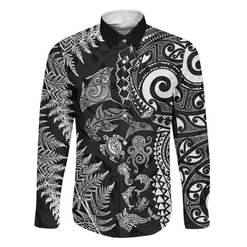 New Zealand Sea Animals Family Matching Off Shoulder Short Dress and Hawaiian Shirt with Maori Koru Tribal Tattoo and Silver Ferns Black Color