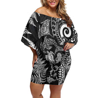 New Zealand Sea Animals Family Matching Off Shoulder Short Dress and Hawaiian Shirt with Maori Koru Tribal Tattoo and Silver Ferns Black Color