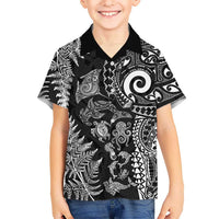 New Zealand Sea Animals Family Matching Off Shoulder Short Dress and Hawaiian Shirt with Maori Koru Tribal Tattoo and Silver Ferns Black Color