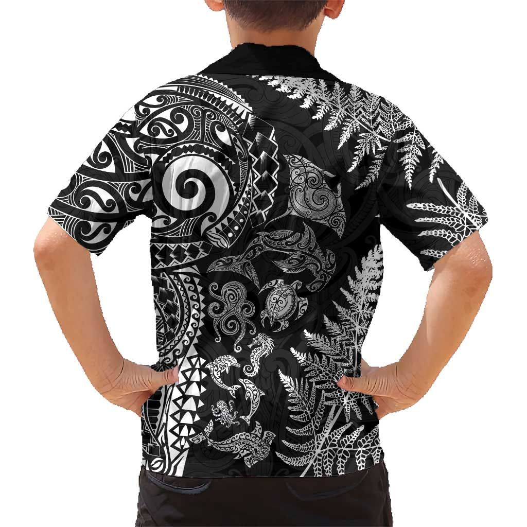 New Zealand Sea Animals Family Matching Puletasi and Hawaiian Shirt with Maori Koru Tribal Tattoo and Silver Ferns Black Color