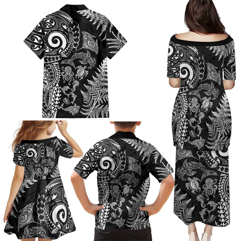 New Zealand Sea Animals Family Matching Puletasi and Hawaiian Shirt with Maori Koru Tribal Tattoo and Silver Ferns Black Color