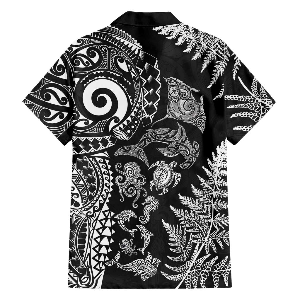 New Zealand Sea Animals Family Matching Puletasi and Hawaiian Shirt with Maori Koru Tribal Tattoo and Silver Ferns Black Color