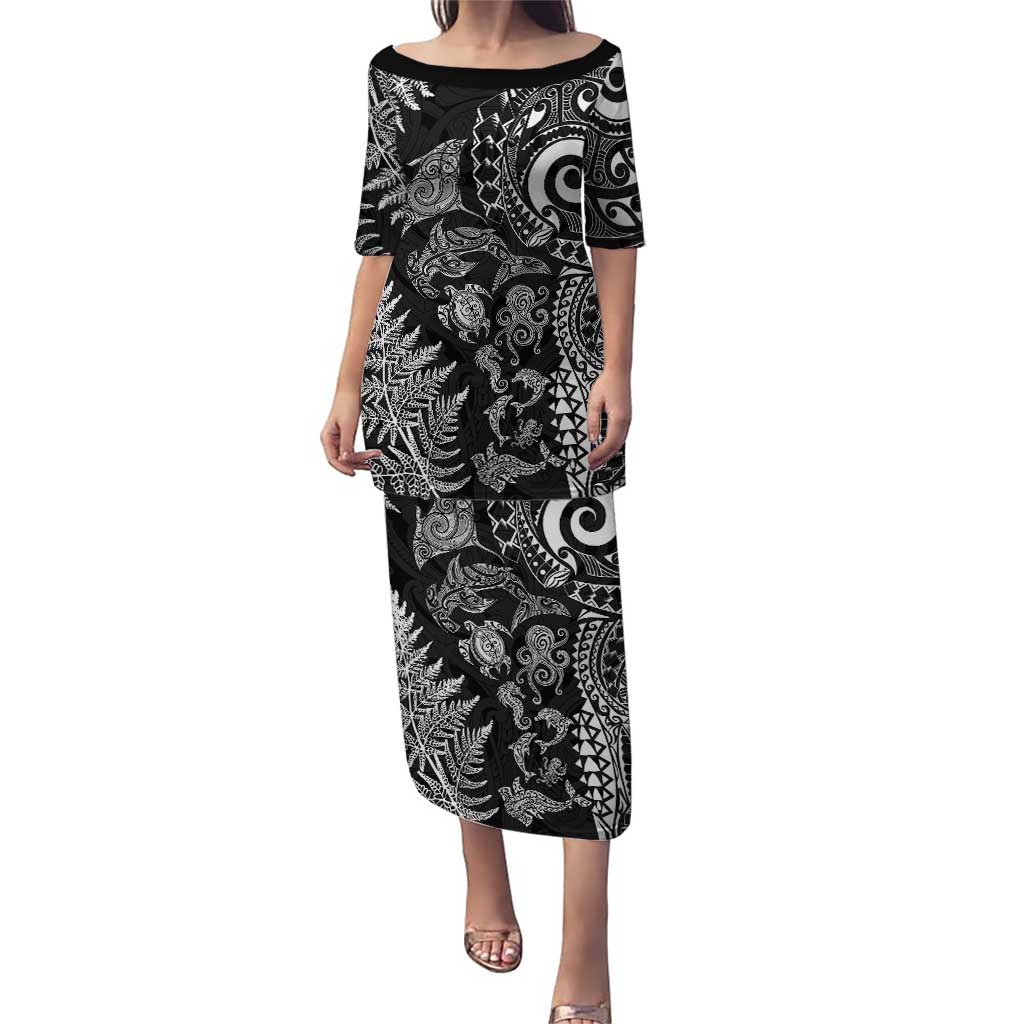 New Zealand Sea Animals Family Matching Puletasi and Hawaiian Shirt with Maori Koru Tribal Tattoo and Silver Ferns Black Color