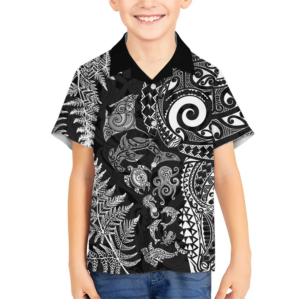 New Zealand Sea Animals Family Matching Puletasi and Hawaiian Shirt with Maori Koru Tribal Tattoo and Silver Ferns Black Color
