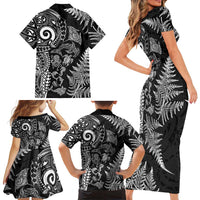 New Zealand Sea Animals Family Matching Short Sleeve Bodycon Dress and Hawaiian Shirt with Maori Koru Tribal Tattoo and Silver Ferns Black Color