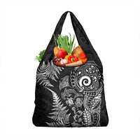 New Zealand Sea Animals Grocery Bag with Maori Koru Tribal Tattoo and Silver Ferns Black Color