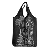 New Zealand Sea Animals Grocery Bag with Maori Koru Tribal Tattoo and Silver Ferns Black Color