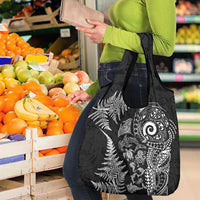 New Zealand Sea Animals Grocery Bag with Maori Koru Tribal Tattoo and Silver Ferns Black Color