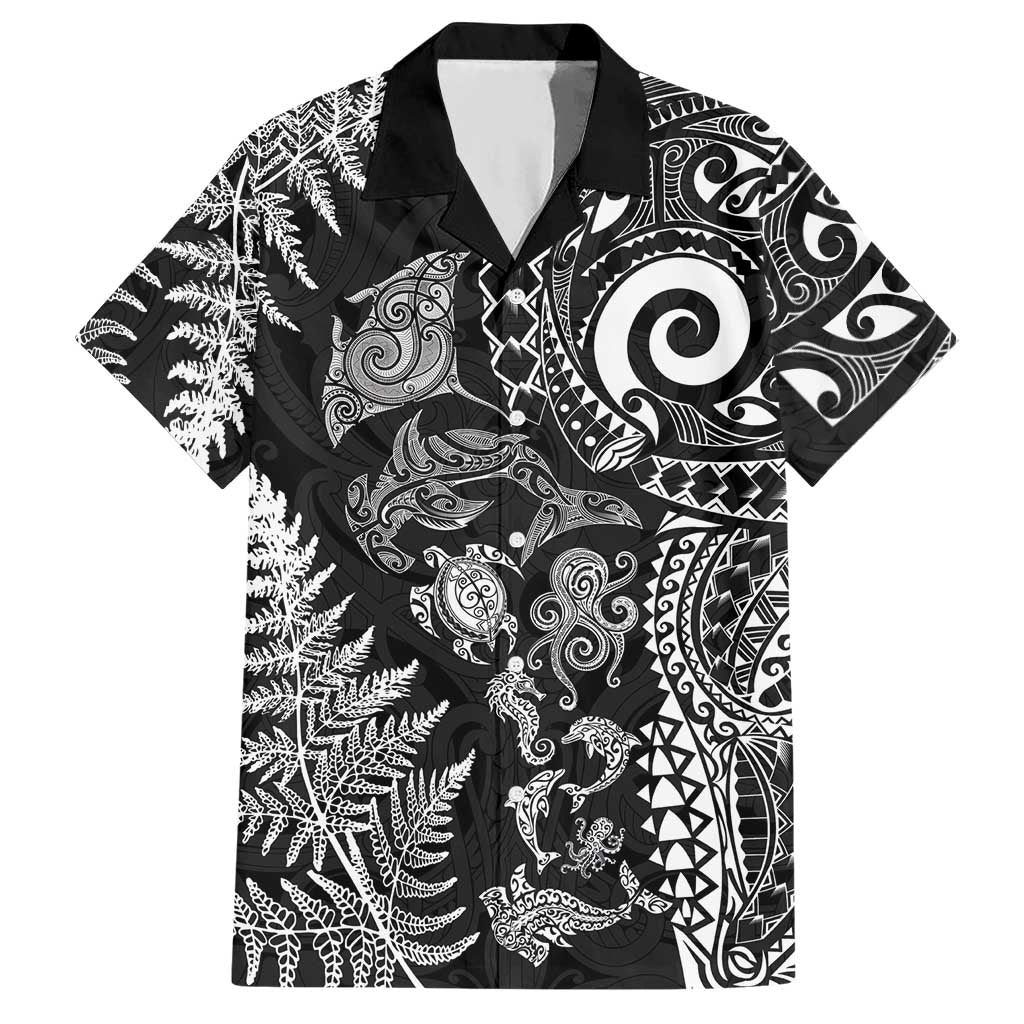 New Zealand Sea Animals Hawaiian Shirt with Maori Koru Tribal Tattoo and Silver Ferns Black Color