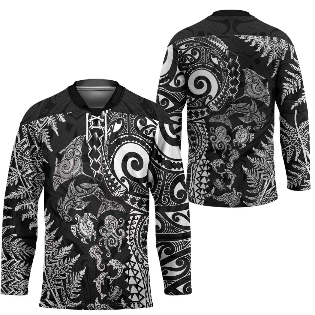 New Zealand Sea Animals Hockey Jersey with Maori Koru Tribal Tattoo and Silver Ferns Black Color