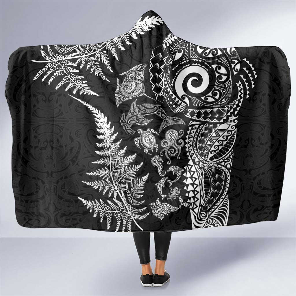 New Zealand Sea Animals Hooded Blanket with Maori Koru Tribal Tattoo and Silver Ferns Black Color