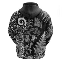New Zealand Sea Animals Hoodie with Maori Koru Tribal Tattoo and Silver Ferns Black Color