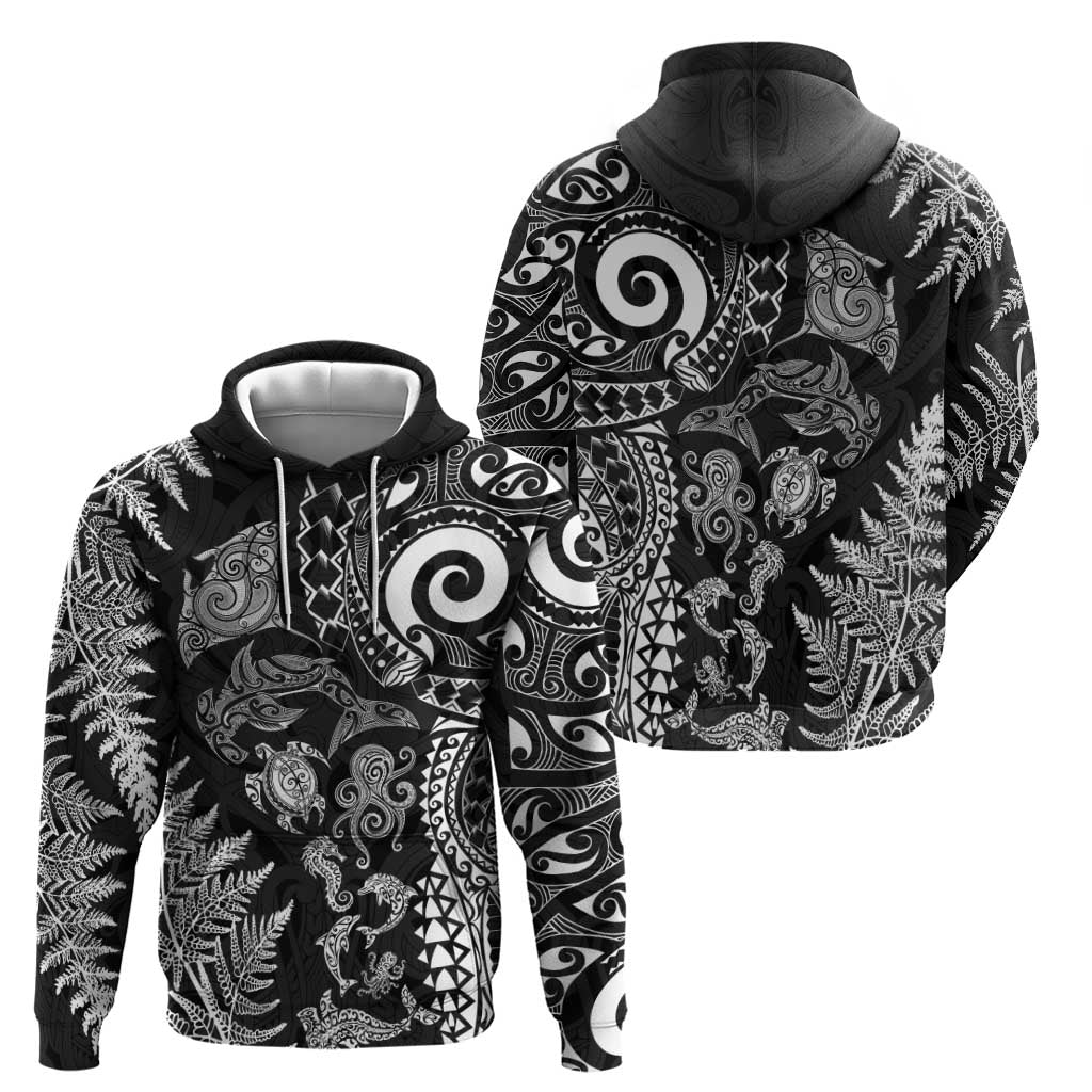 New Zealand Sea Animals Hoodie with Maori Koru Tribal Tattoo and Silver Ferns Black Color