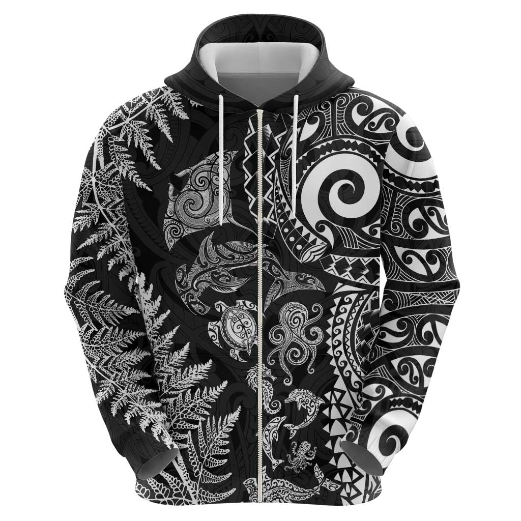 New Zealand Sea Animals Hoodie with Maori Koru Tribal Tattoo and Silver Ferns Black Color