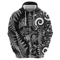 New Zealand Sea Animals Hoodie with Maori Koru Tribal Tattoo and Silver Ferns Black Color