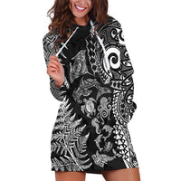 New Zealand Sea Animals Hoodie Dress with Maori Koru Tribal Tattoo and Silver Ferns Black Color LT03 Black - Polynesian Pride