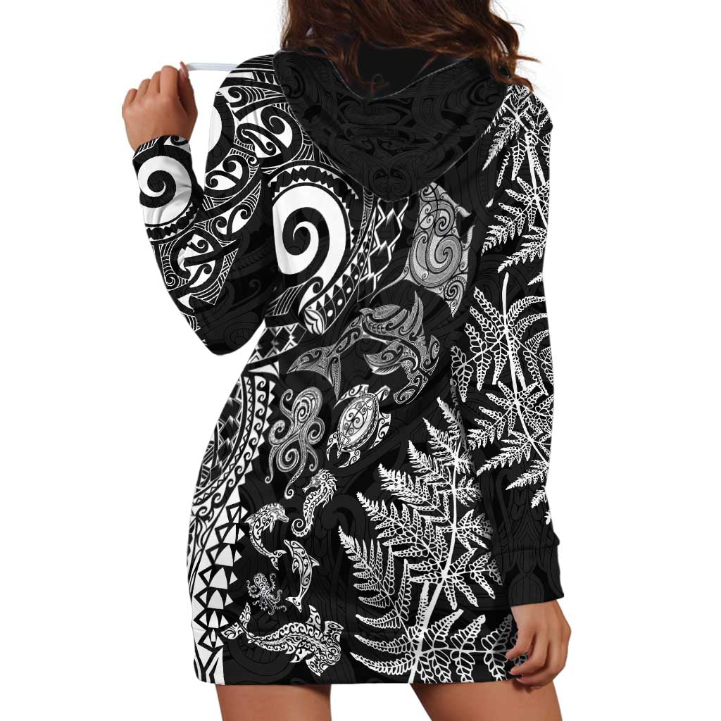 New Zealand Sea Animals Hoodie Dress with Maori Koru Tribal Tattoo and Silver Ferns Black Color LT03 - Polynesian Pride