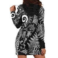 New Zealand Sea Animals Hoodie Dress with Maori Koru Tribal Tattoo and Silver Ferns Black Color LT03 - Polynesian Pride
