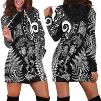 New Zealand Sea Animals Hoodie Dress with Maori Koru Tribal Tattoo and Silver Ferns Black Color LT03 - Polynesian Pride