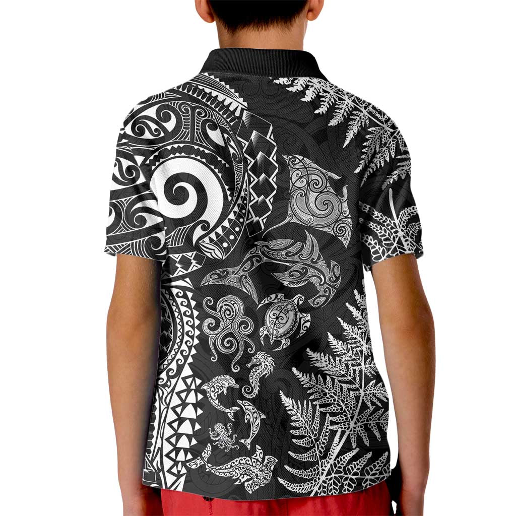 New Zealand Sea Animals Kid Polo Shirt with Maori Koru Tribal Tattoo and Silver Ferns Black Color