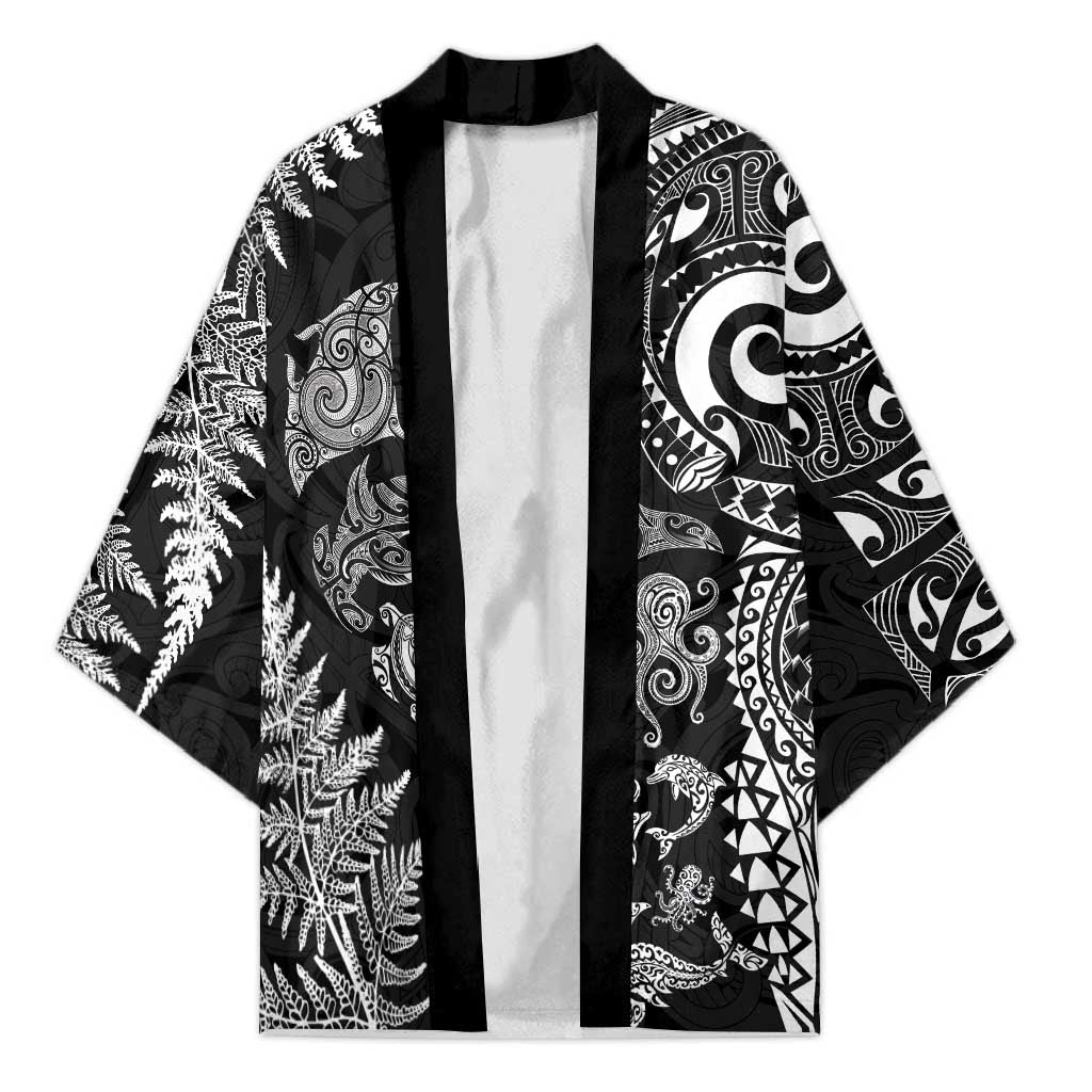 New Zealand Sea Animals Kimono with Maori Koru Tribal Tattoo and Silver Ferns Black Color LT03 Unisex Black - Polynesian Pride