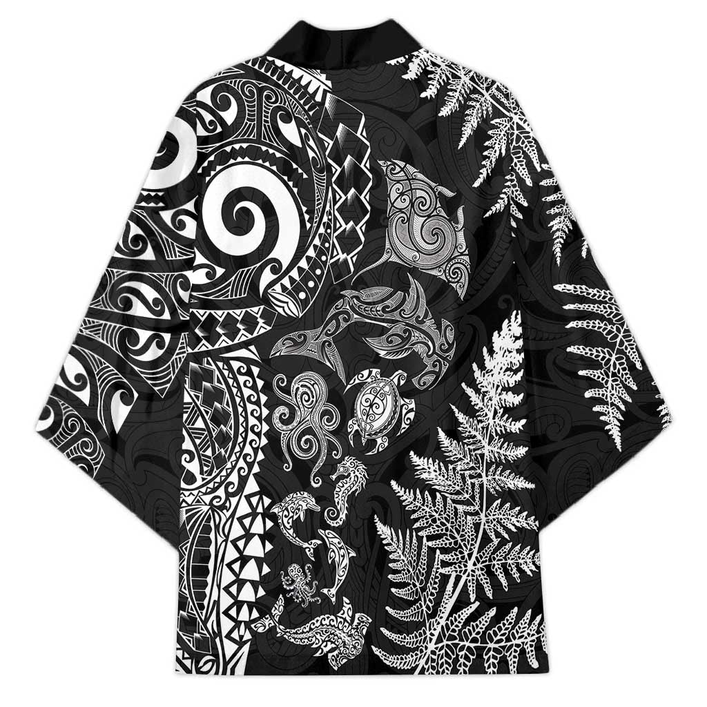 New Zealand Sea Animals Kimono with Maori Koru Tribal Tattoo and Silver Ferns Black Color LT03 - Polynesian Pride