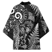New Zealand Sea Animals Kimono with Maori Koru Tribal Tattoo and Silver Ferns Black Color LT03 - Polynesian Pride