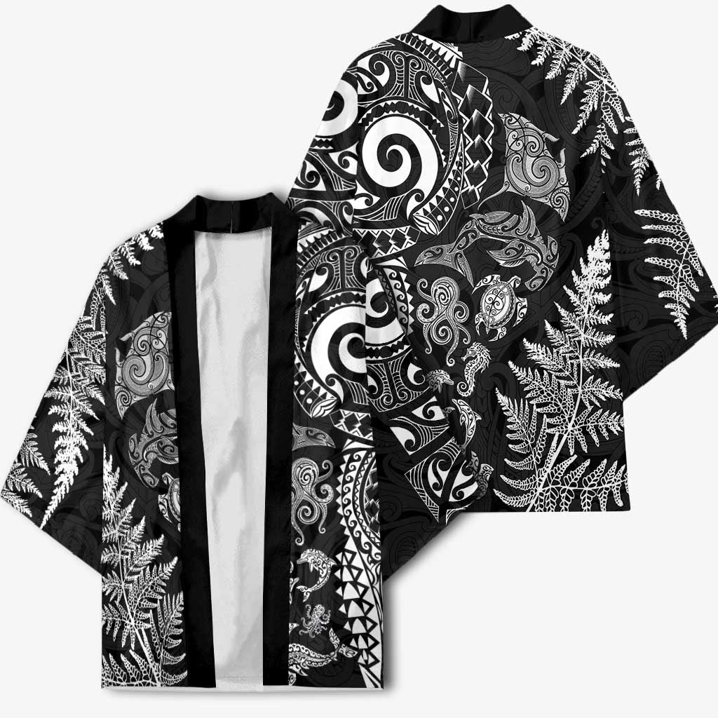 New Zealand Sea Animals Kimono with Maori Koru Tribal Tattoo and Silver Ferns Black Color LT03 - Polynesian Pride
