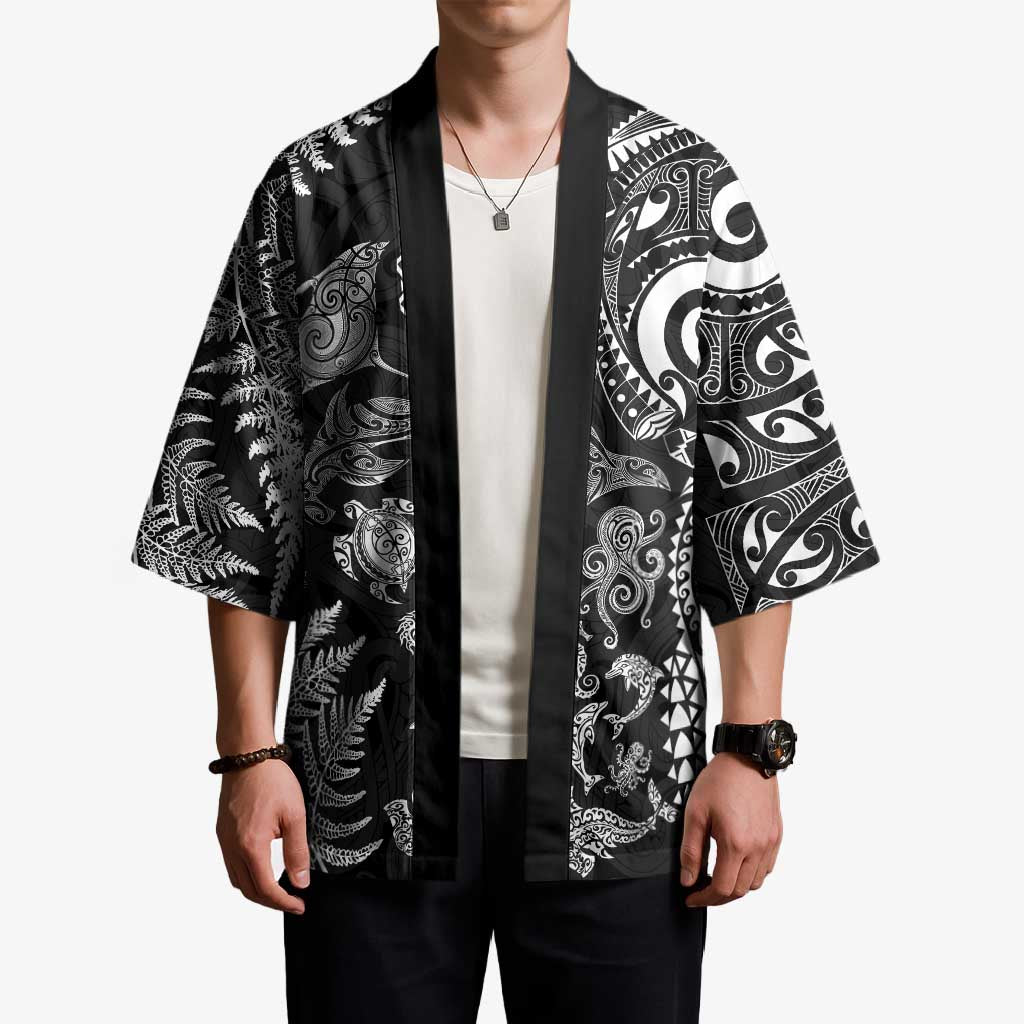 New Zealand Sea Animals Kimono with Maori Koru Tribal Tattoo and Silver Ferns Black Color LT03 - Polynesian Pride