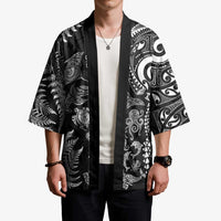 New Zealand Sea Animals Kimono with Maori Koru Tribal Tattoo and Silver Ferns Black Color LT03 - Polynesian Pride