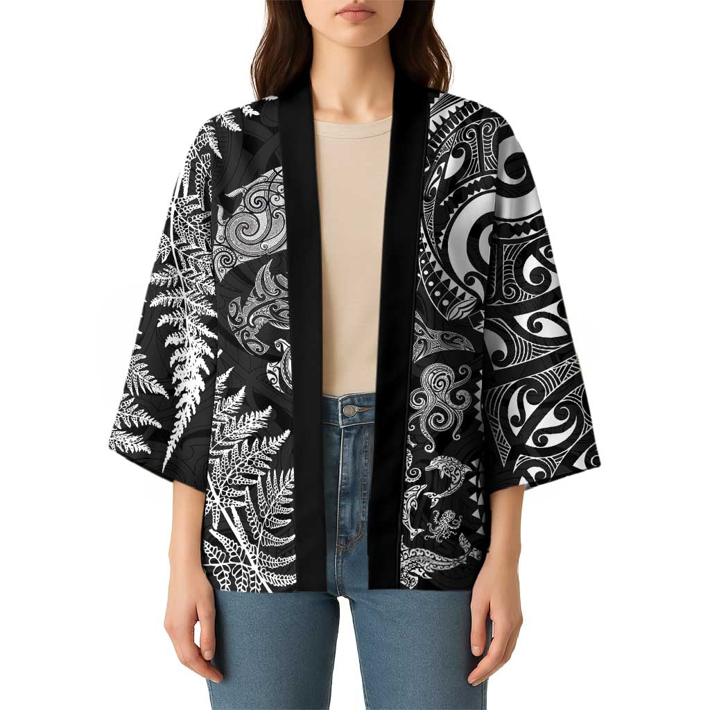 New Zealand Sea Animals Kimono with Maori Koru Tribal Tattoo and Silver Ferns Black Color LT03 - Polynesian Pride